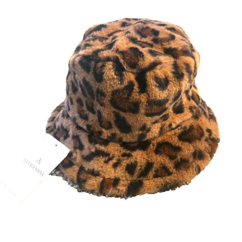 Leopard Faux Fur Bucket Hat Winter Warm Plush Fisherman Cap Women One Size NEW